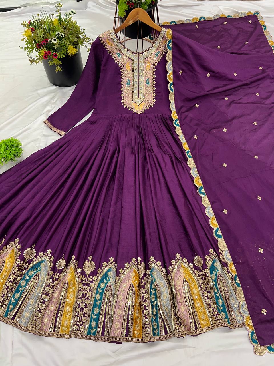 Graceful Embroidered Chinon Silk Fully Stitched Gown With Dupatta - Ethnicwish