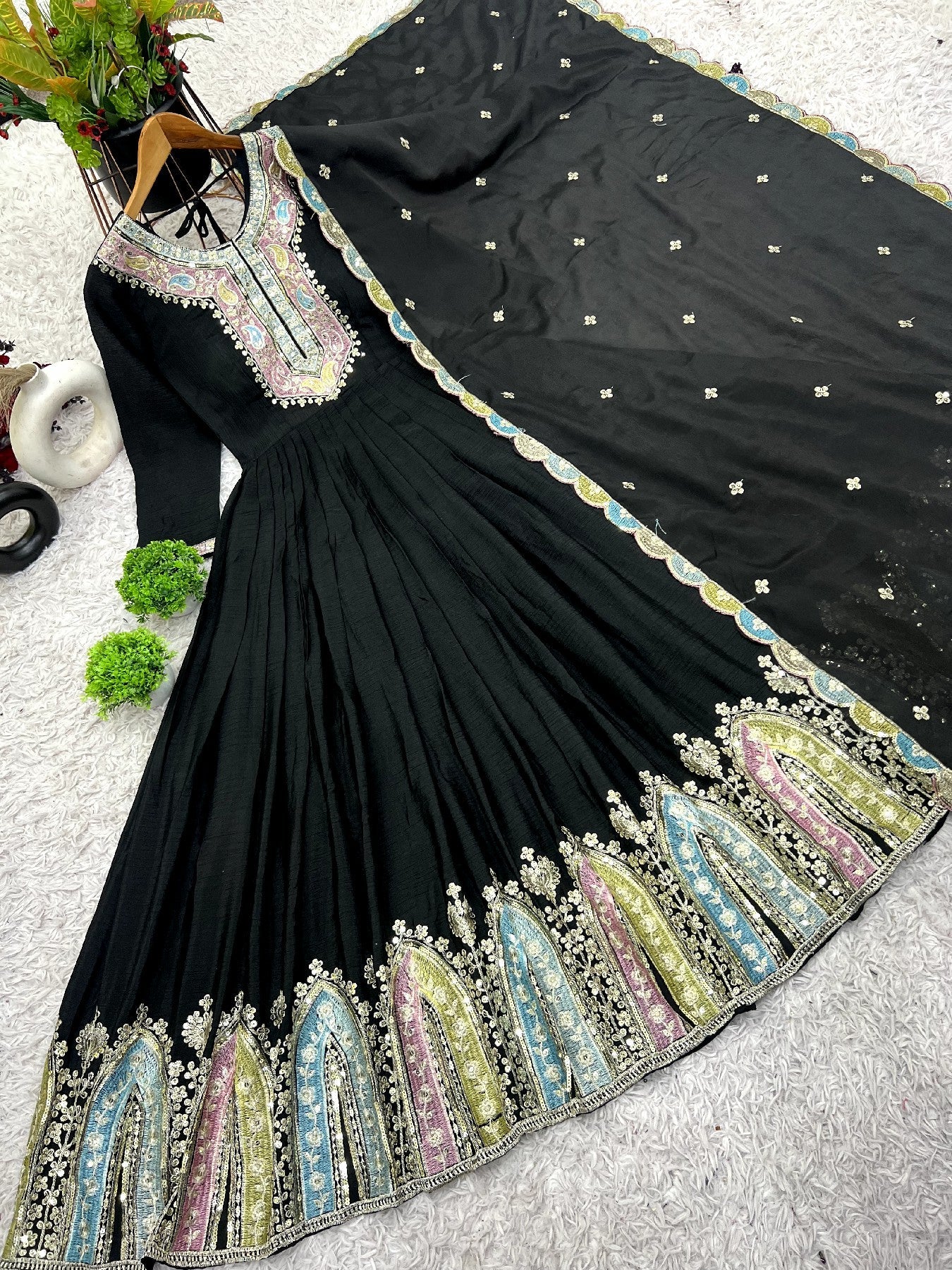 Graceful Embroidered Chinon Silk Fully Stitched Gown With Dupatta - Ethnicwish