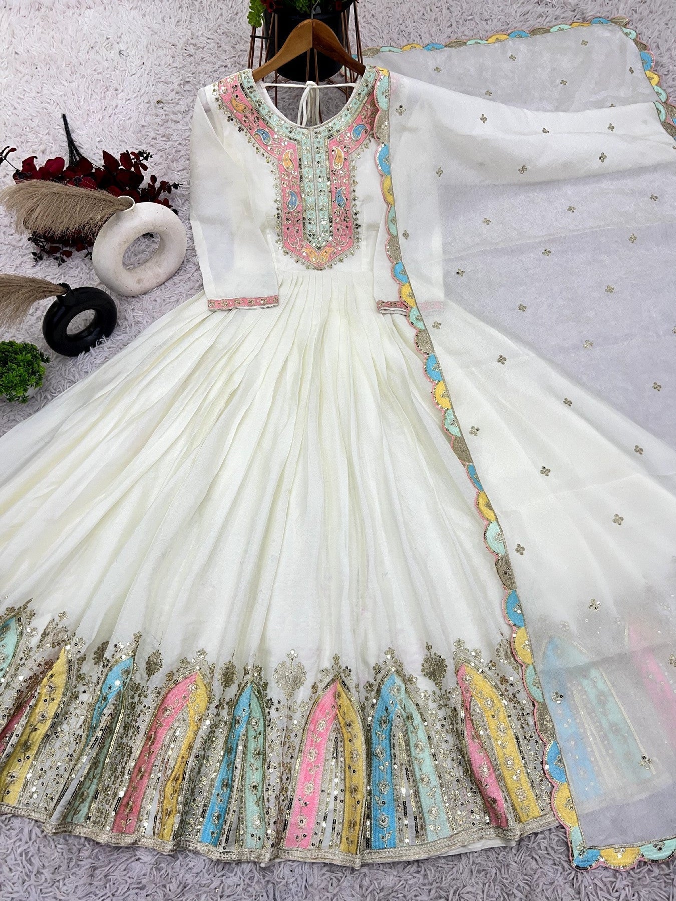 Graceful Embroidered Chinon Silk Fully Stitched Gown With Dupatta - Ethnicwish