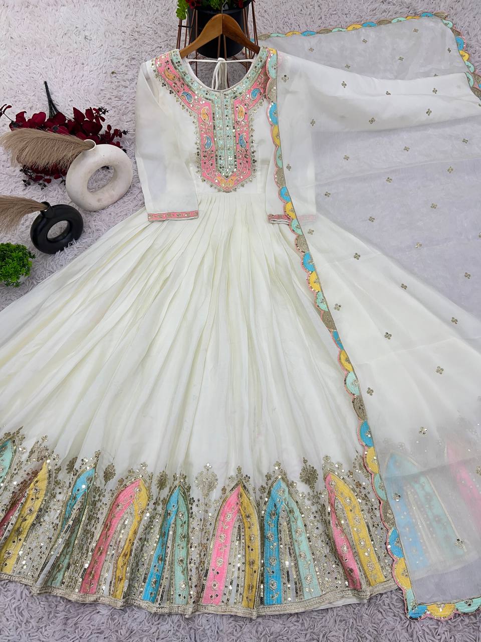 Graceful Embroidered Chinon Silk Fully Stitched Gown With Dupatta - Ethnicwish