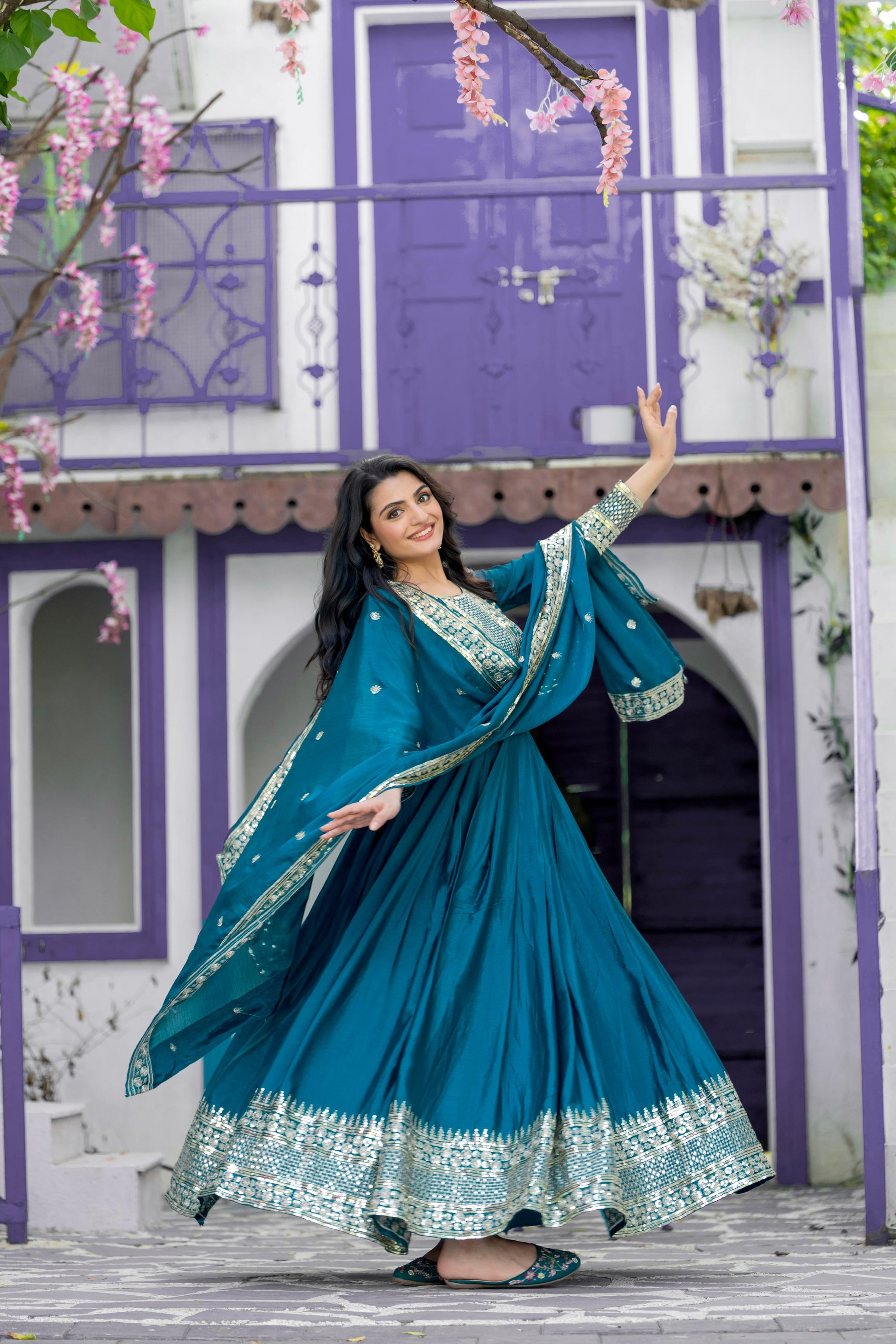 Divine Rama Chinon Silk Sequins Embroidered Gown With Dupatta - Ethnicwish