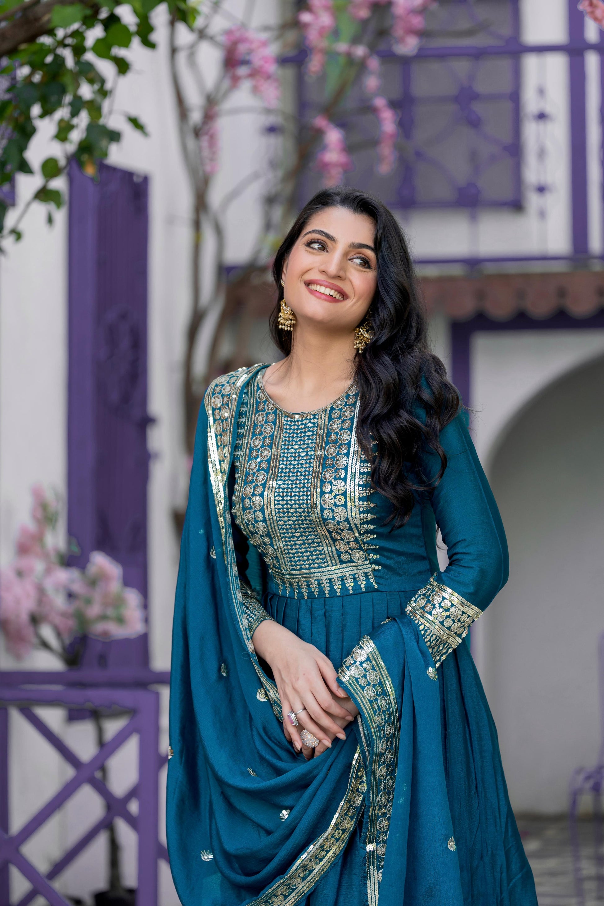 Divine Rama Chinon Silk Sequins Embroidered Gown With Dupatta - Ethnicwish