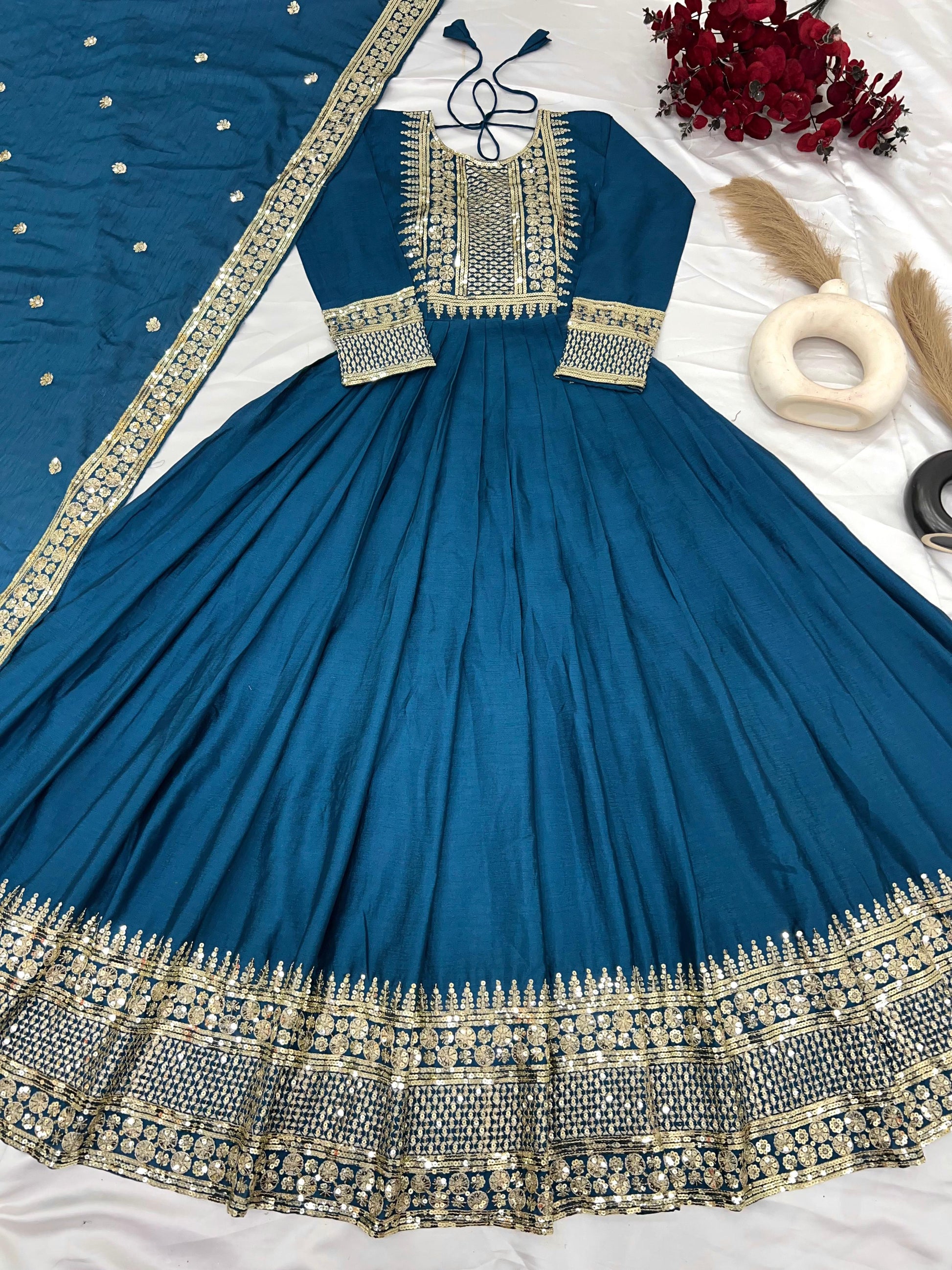 Divine Rama Chinon Silk Sequins Embroidered Gown With Dupatta - Ethnicwish