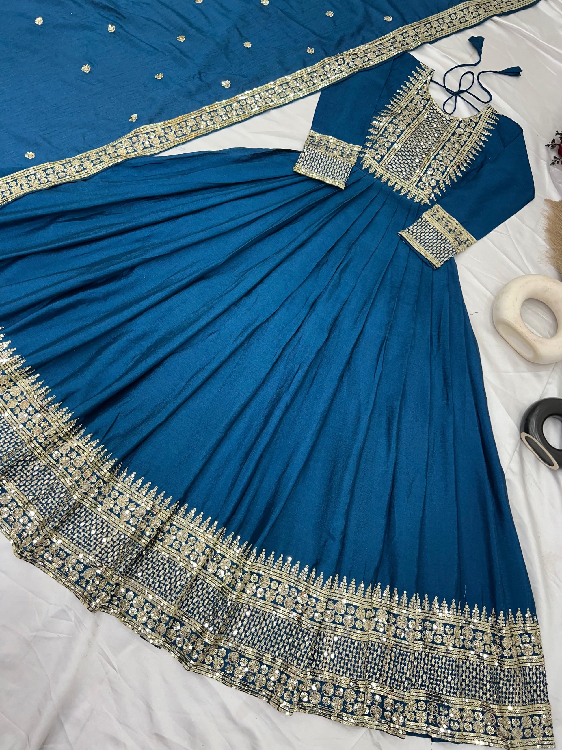 Divine Rama Chinon Silk Sequins Embroidered Gown With Dupatta - Ethnicwish