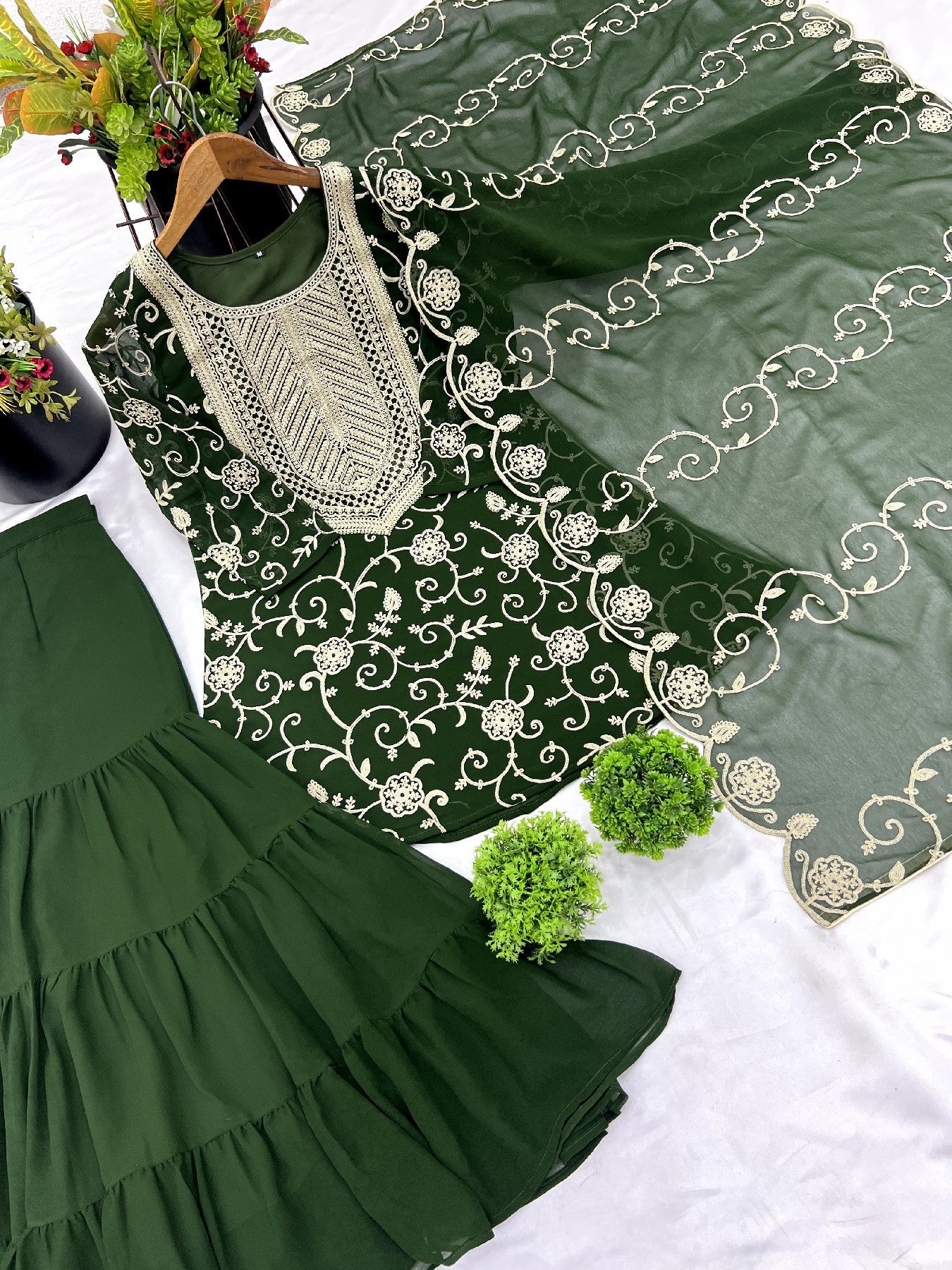 Enticing Georgette Embroidered Ruffle Top Sharara Suit