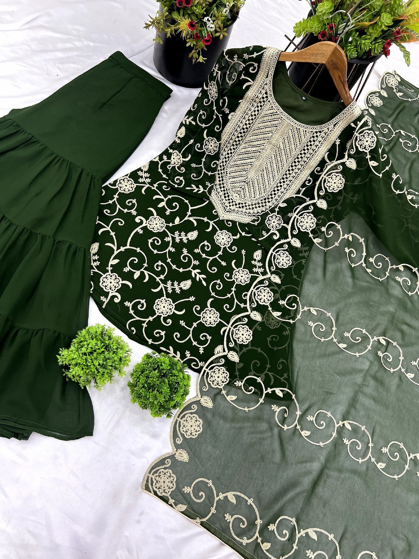Enticing Georgette Embroidered Ruffle Top Sharara Suit