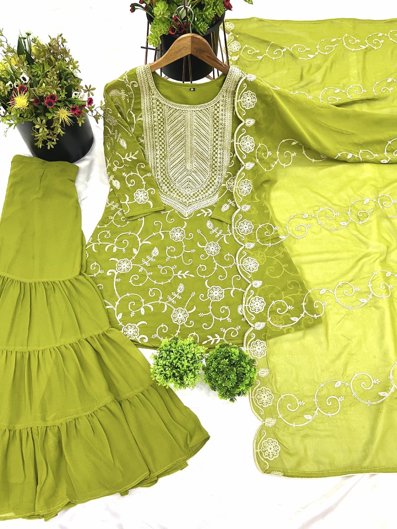 Enticing Georgette Embroidered Ruffle Top Sharara Suit
