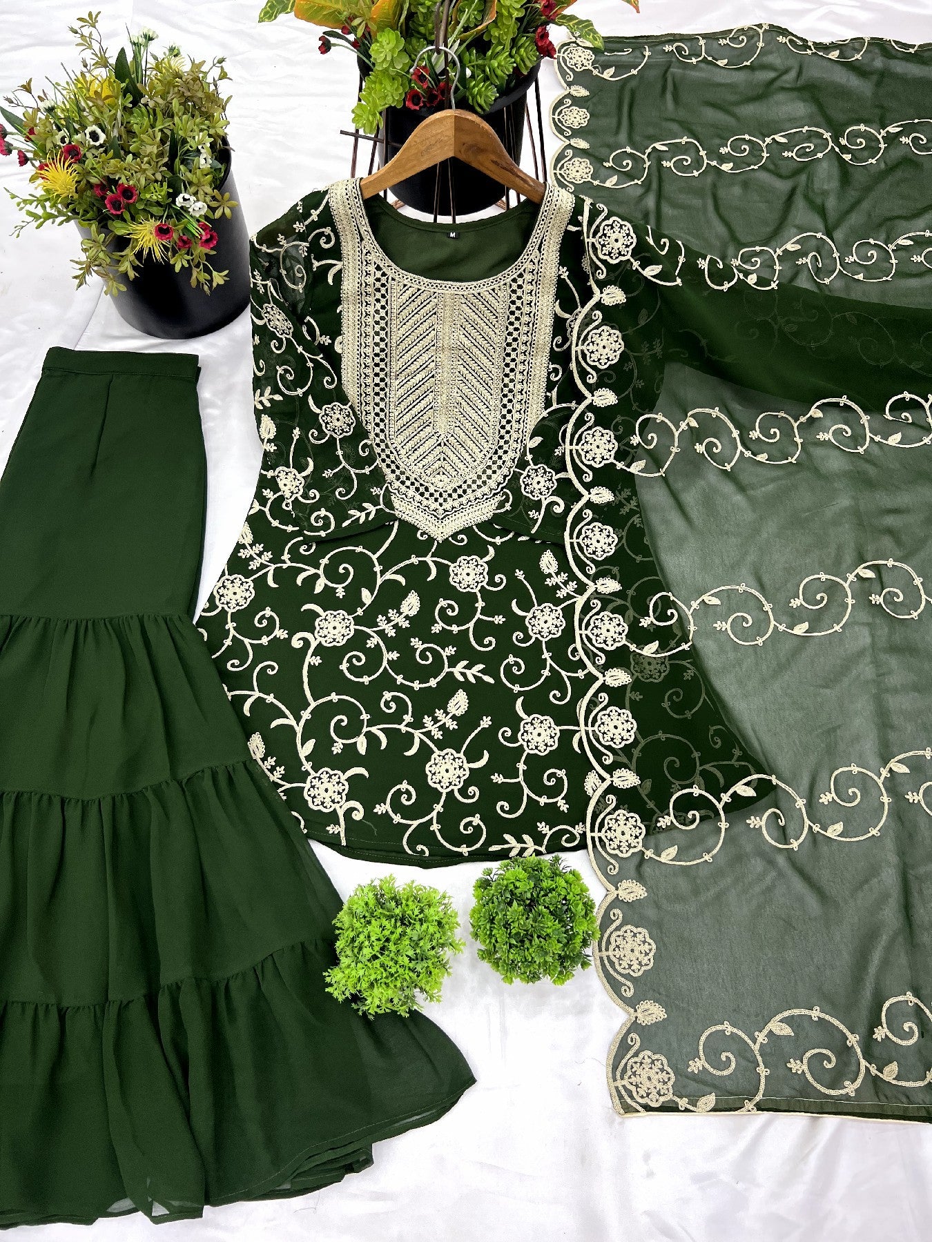 Enticing Georgette Embroidered Ruffle Top Sharara Suit