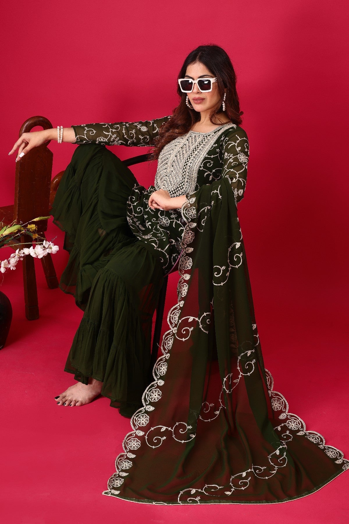 Enticing Georgette Embroidered Ruffle Top Sharara Suit