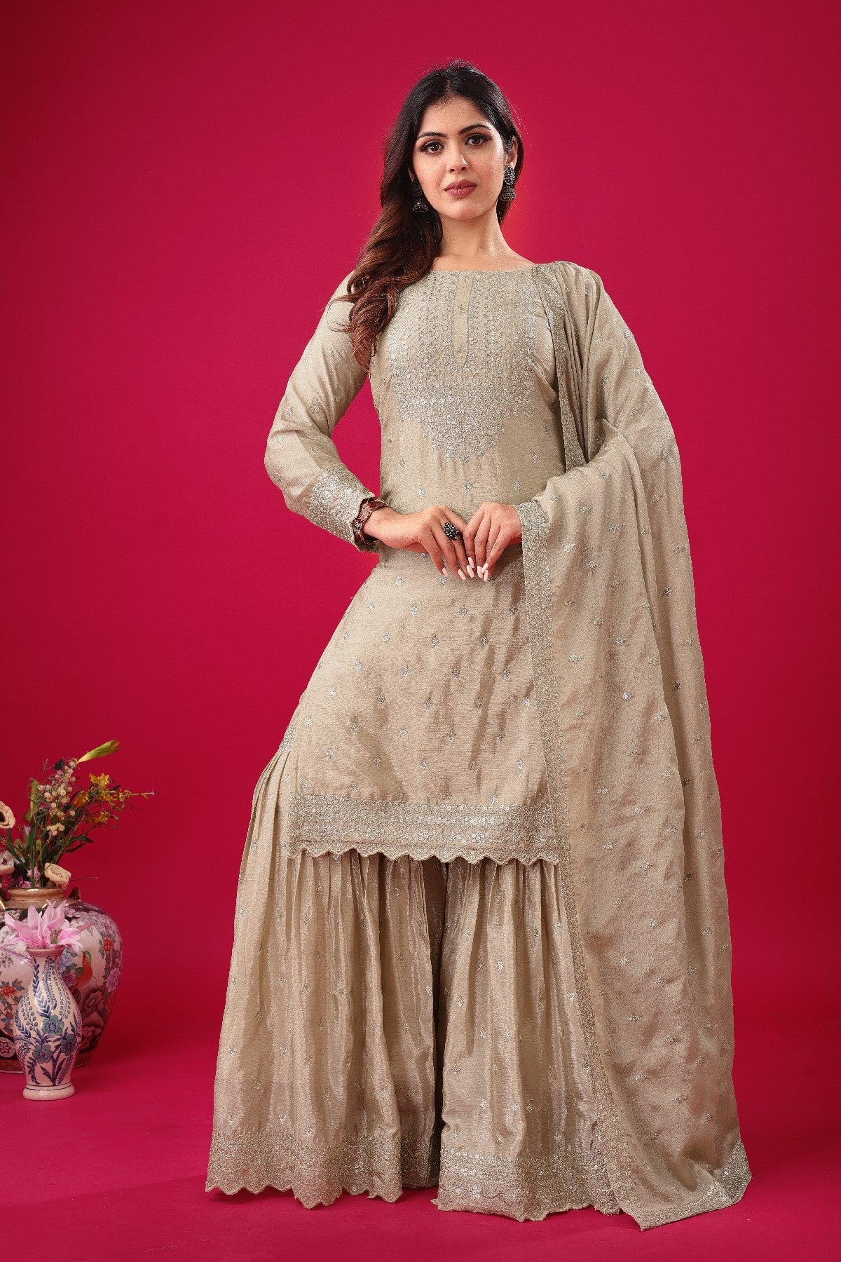 Exquisite Chinon Silk Heavy Sequins Embroidered Top Sharara Suit