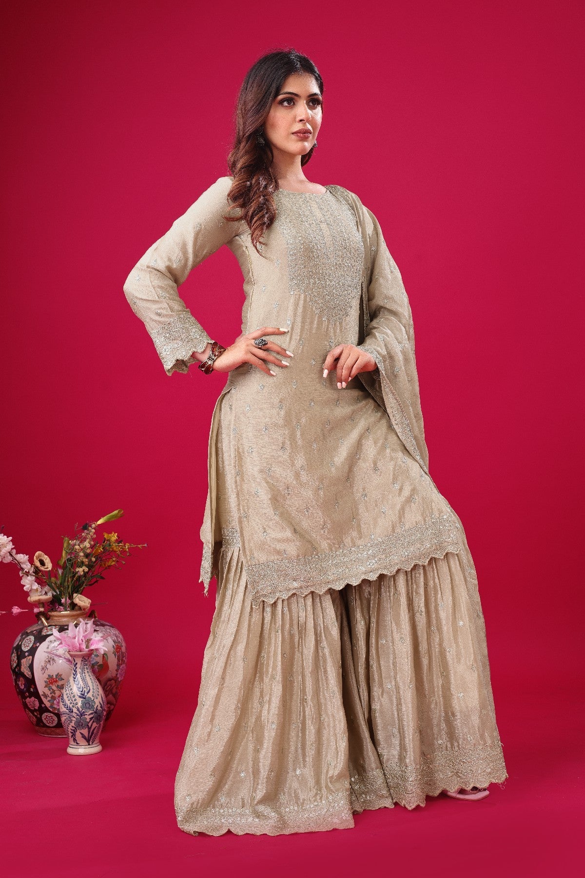 Exquisite Chinon Silk Heavy Sequins Embroidered Top Sharara Suit