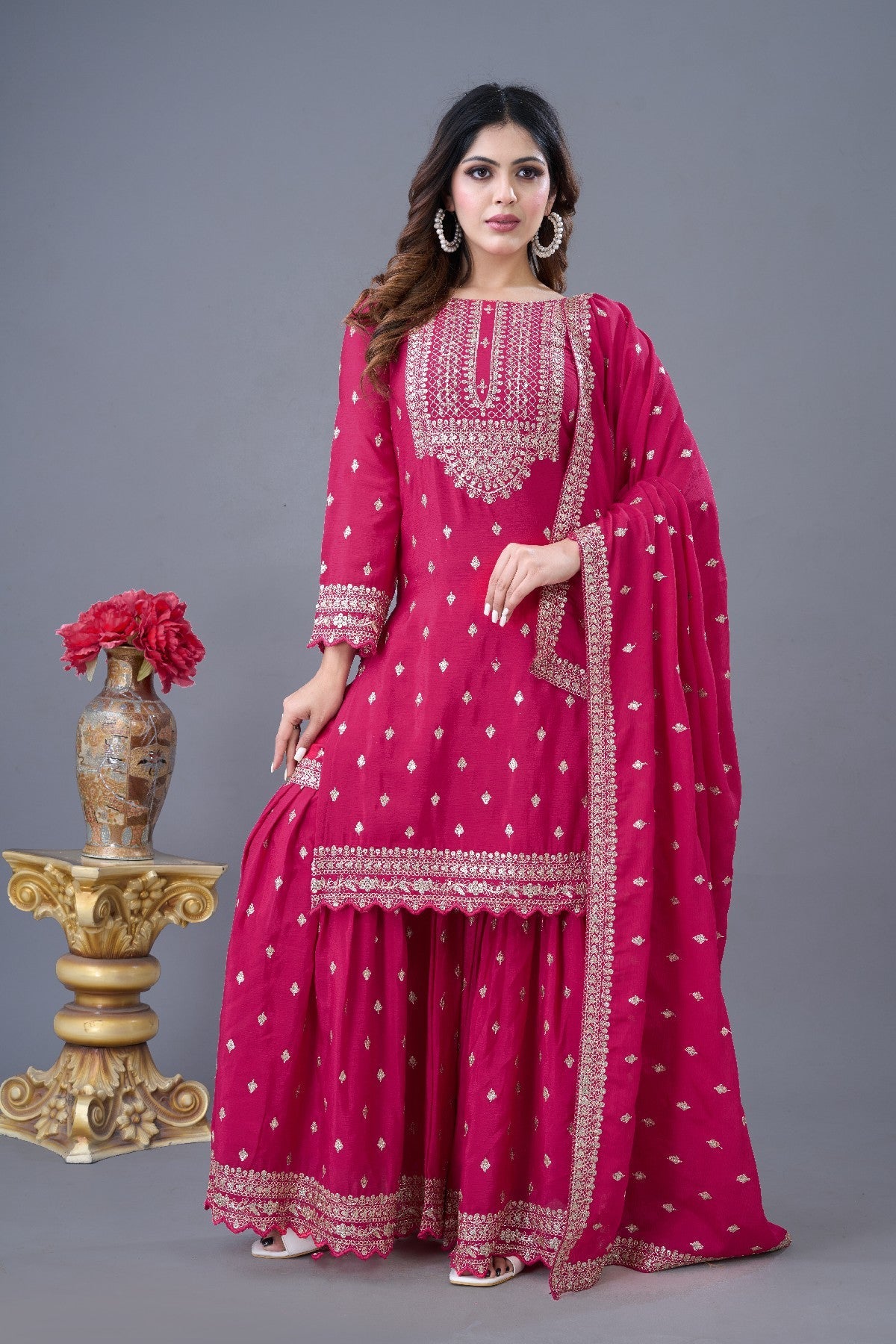 Exquisite Chinon Silk Heavy Sequins Embroidered Top Sharara Suit