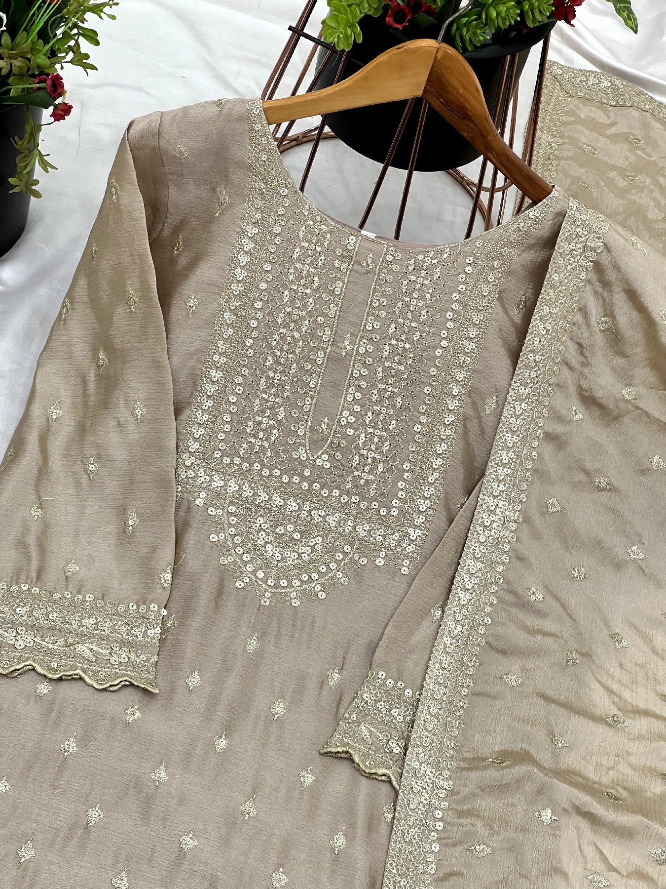 Exquisite Chinon Silk Heavy Sequins Embroidered Top Sharara Suit