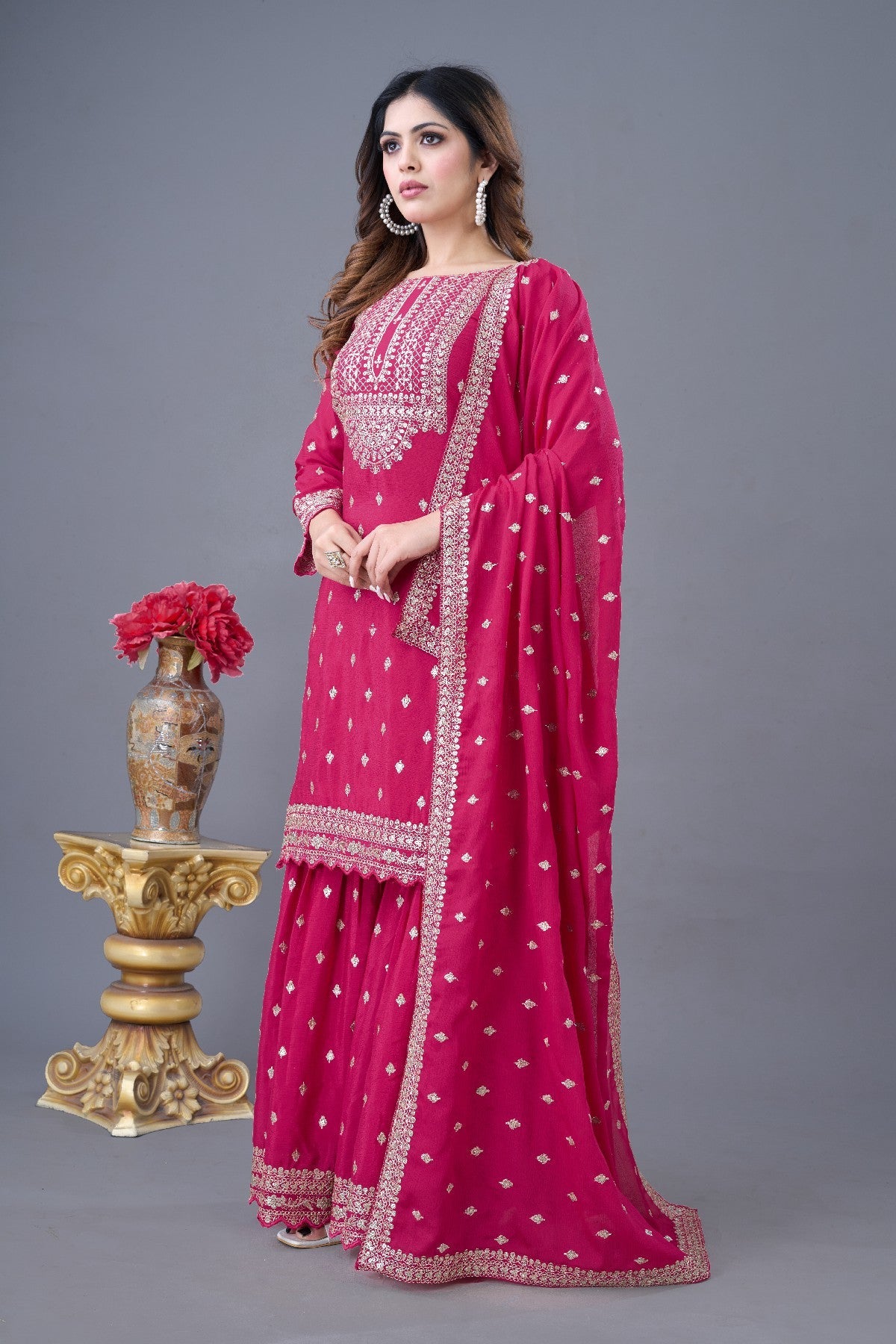 Exquisite Chinon Silk Heavy Sequins Embroidered Top Sharara Suit