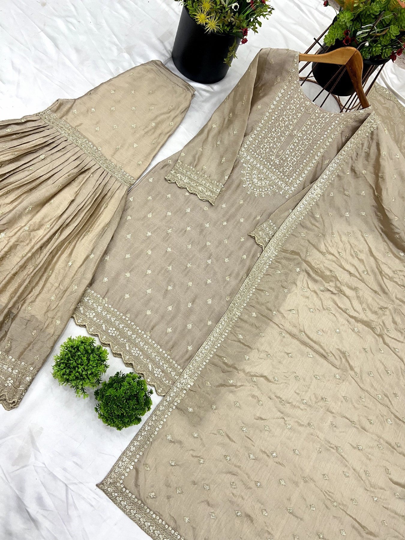 Exquisite Chinon Silk Heavy Sequins Embroidered Top Sharara Suit