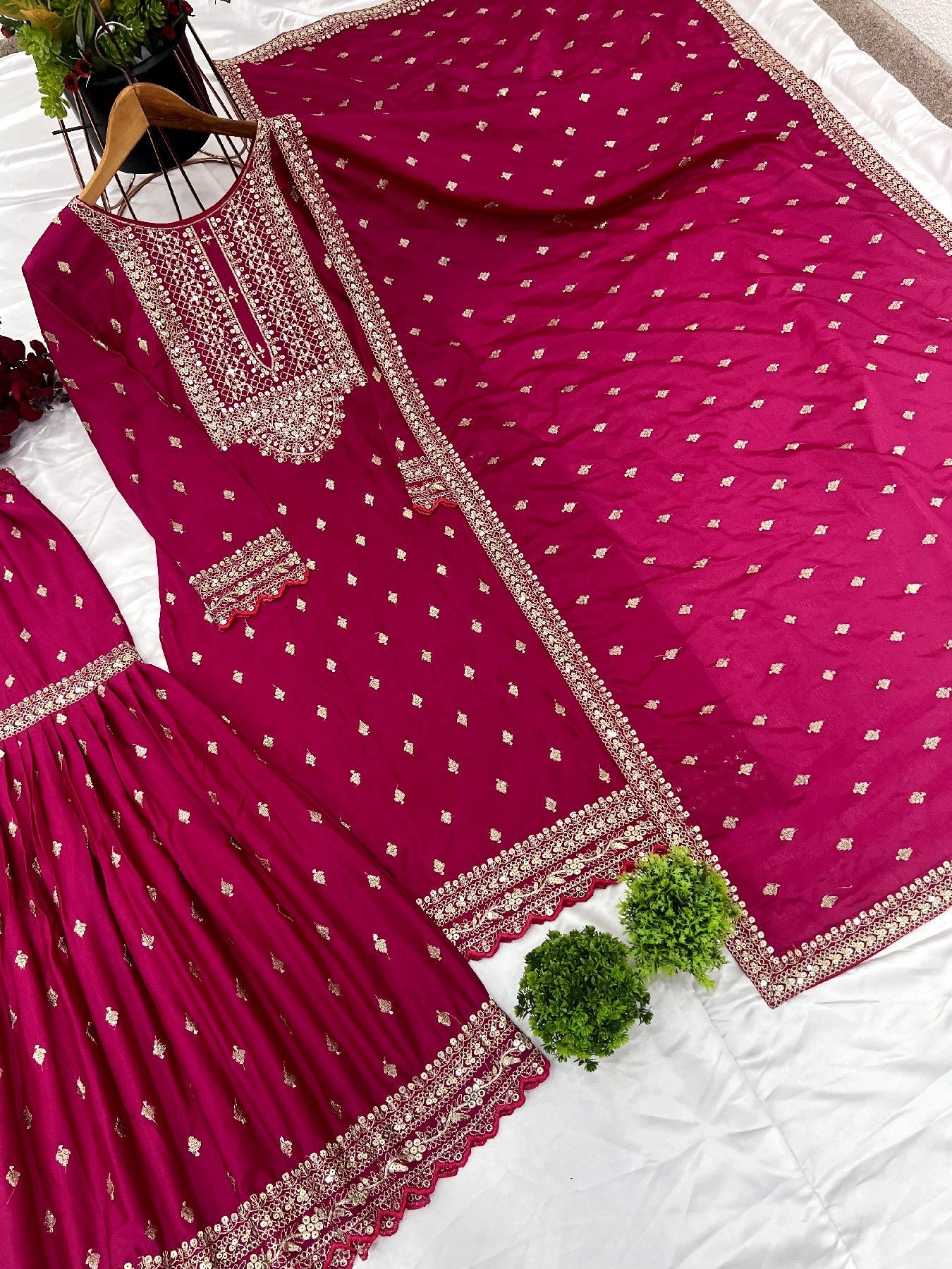 Exquisite Chinon Silk Heavy Sequins Embroidered Top Sharara Suit