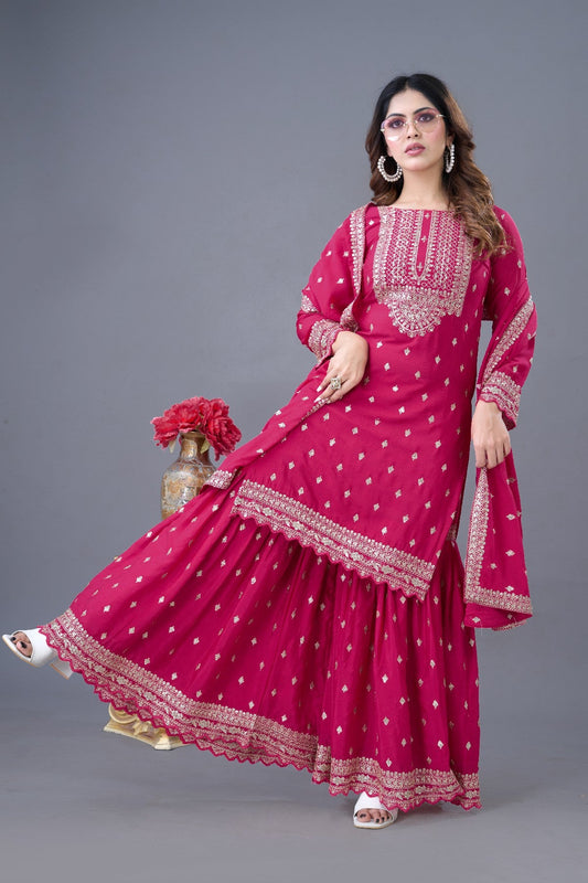 Exquisite Chinon Silk Heavy Sequins Embroidered Top Sharara Suit