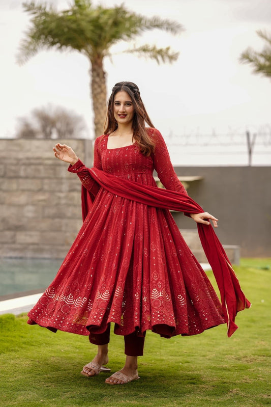 Premium Mehrooni Red Georgette Anarkali Suit Set with Dupatta & Pants