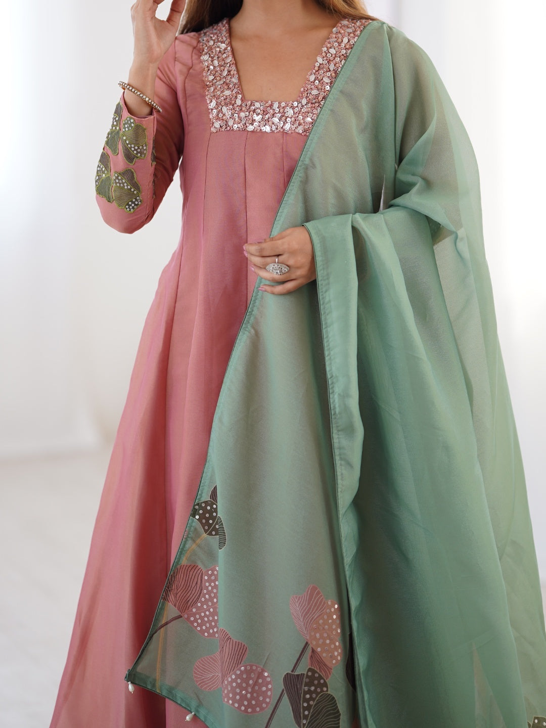 Dusty Pink Kurta Set with Sage Green Dupatta and Sequin Embroidery