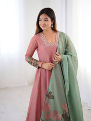 Dusty Pink Kurta Set with Sage Green Dupatta and Sequin Embroidery