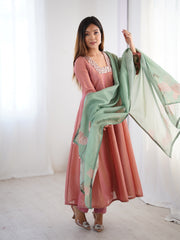 Dusty Pink Kurta Set with Sage Green Dupatta and Sequin Embroidery