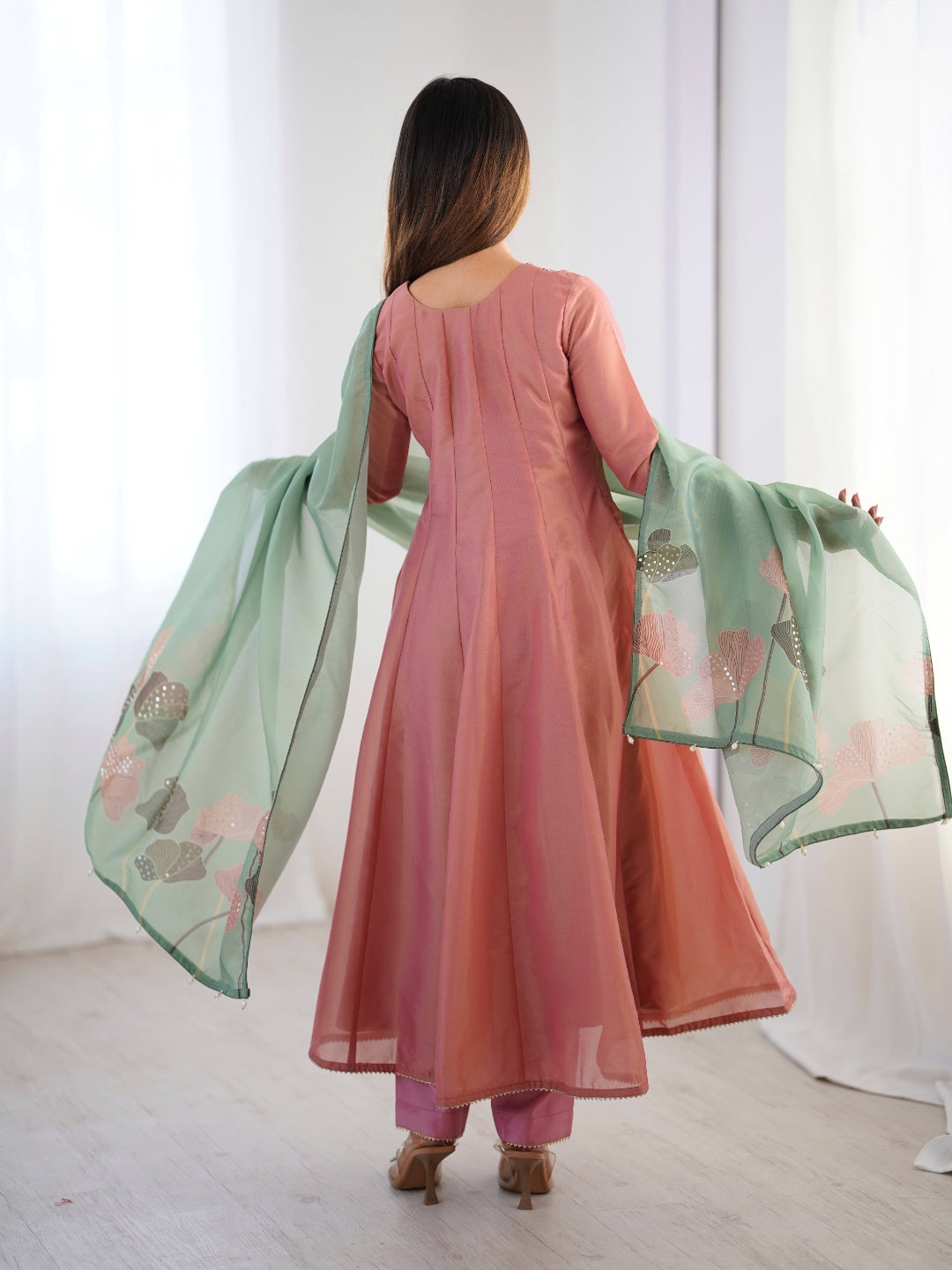 Dusty Pink Kurta Set with Sage Green Dupatta and Sequin Embroidery