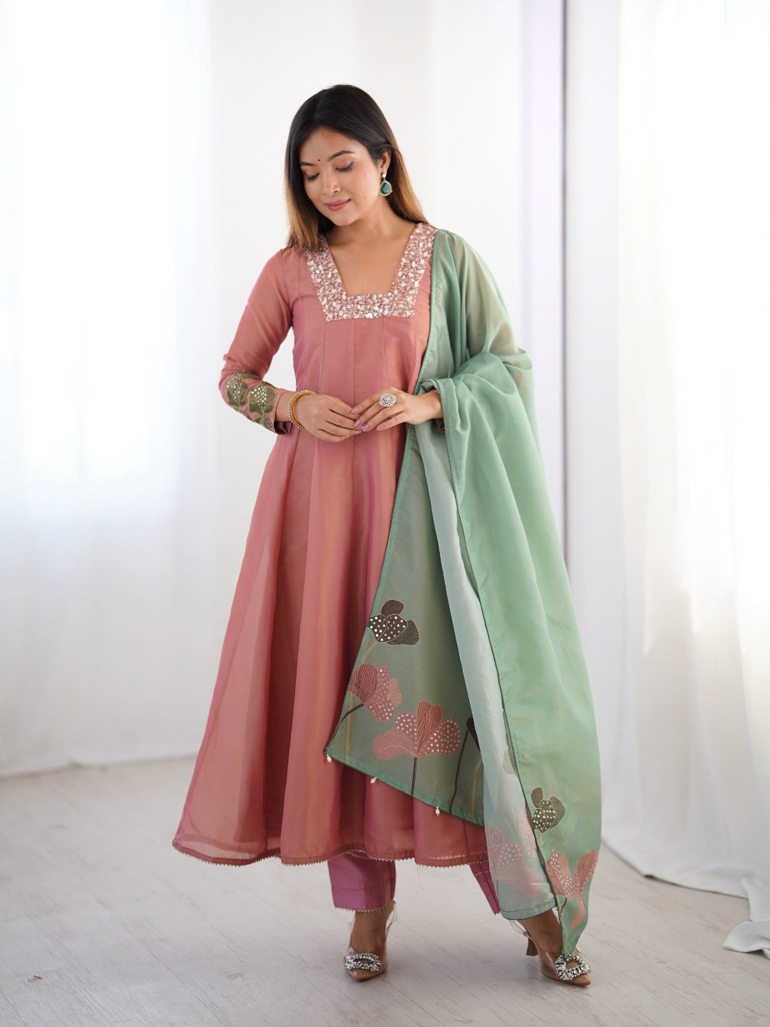 Dusty Pink Kurta Set with Sage Green Dupatta and Sequin Embroidery