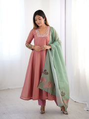 Dusty Pink Kurta Set with Sage Green Dupatta and Sequin Embroidery