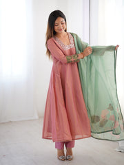 Dusty Pink Kurta Set with Sage Green Dupatta and Sequin Embroidery