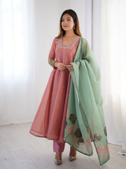 Dusty Pink Kurta Set with Sage Green Dupatta and Sequin Embroidery
