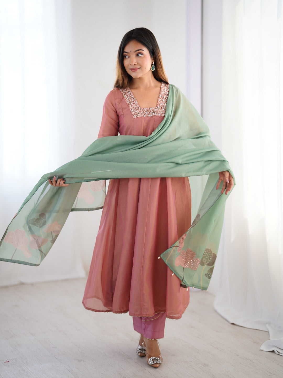 Dusty Pink Kurta Set with Sage Green Dupatta and Sequin Embroidery