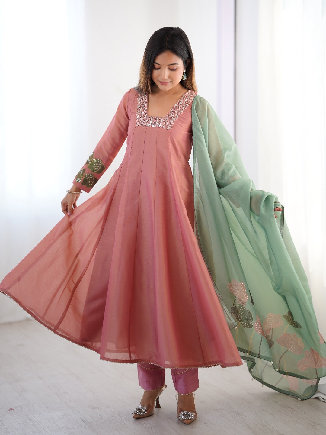 Dusty Pink Kurta Set with Sage Green Dupatta and Sequin Embroidery