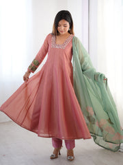 Dusty Pink Kurta Set with Sage Green Dupatta and Sequin Embroidery