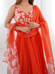 Coral Orange Floral Printed Lehenga Choli with Matching Dupatta
