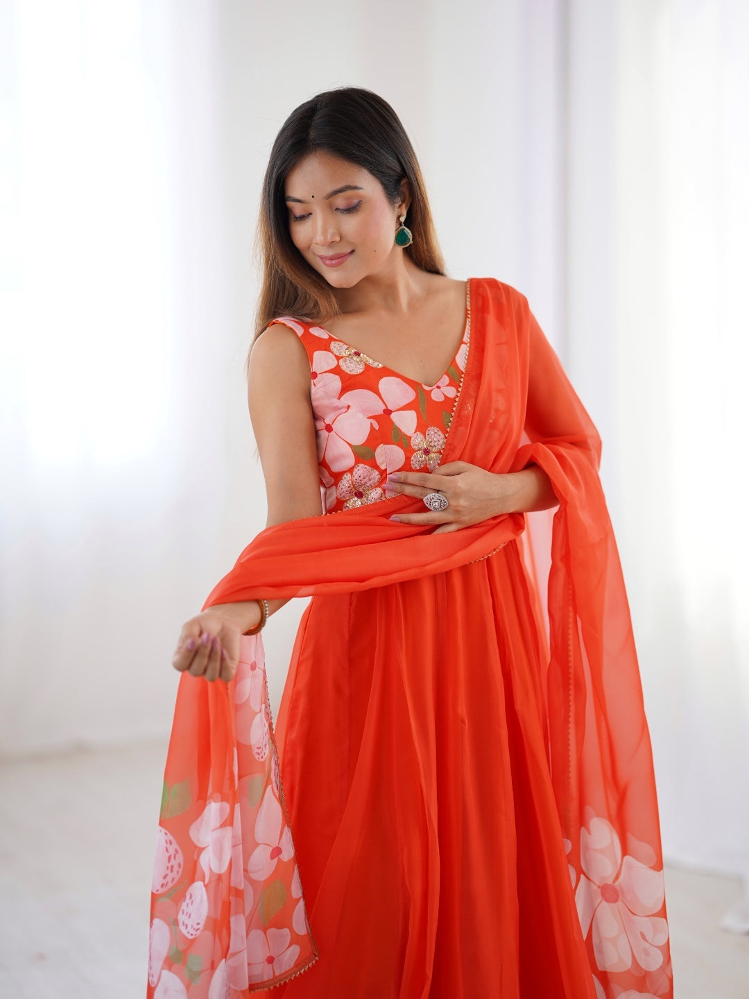 Coral Orange Floral Printed Lehenga Choli with Matching Dupatta