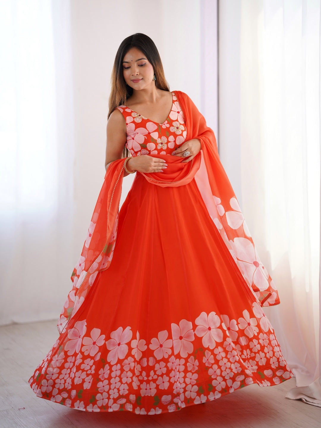 Coral Orange Floral Printed Lehenga Choli with Matching Dupatta