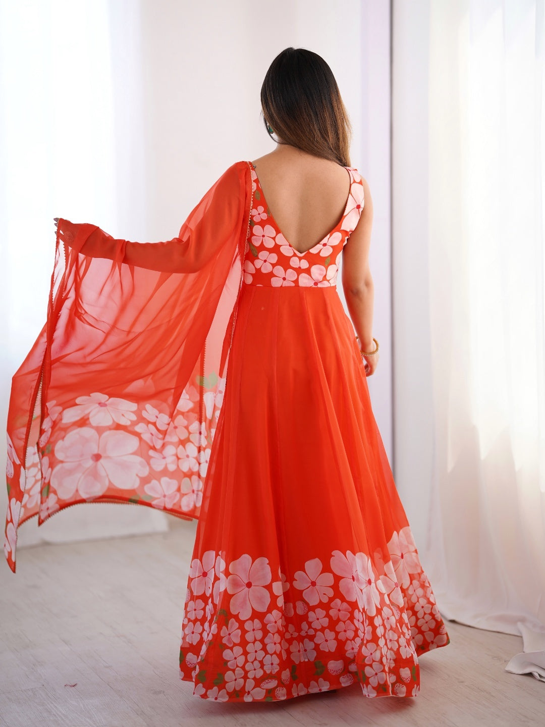Coral Orange Floral Printed Lehenga Choli with Matching Dupatta