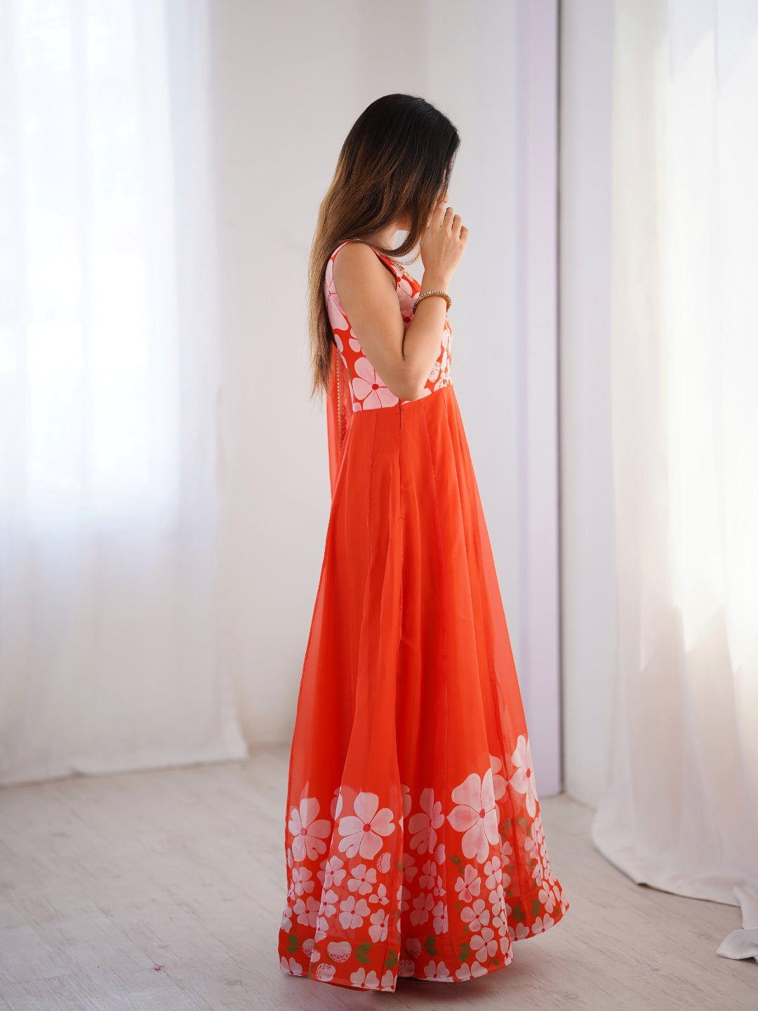 Coral Orange Floral Printed Lehenga Choli with Matching Dupatta