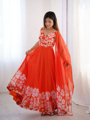 Coral Orange Floral Printed Lehenga Choli with Matching Dupatta