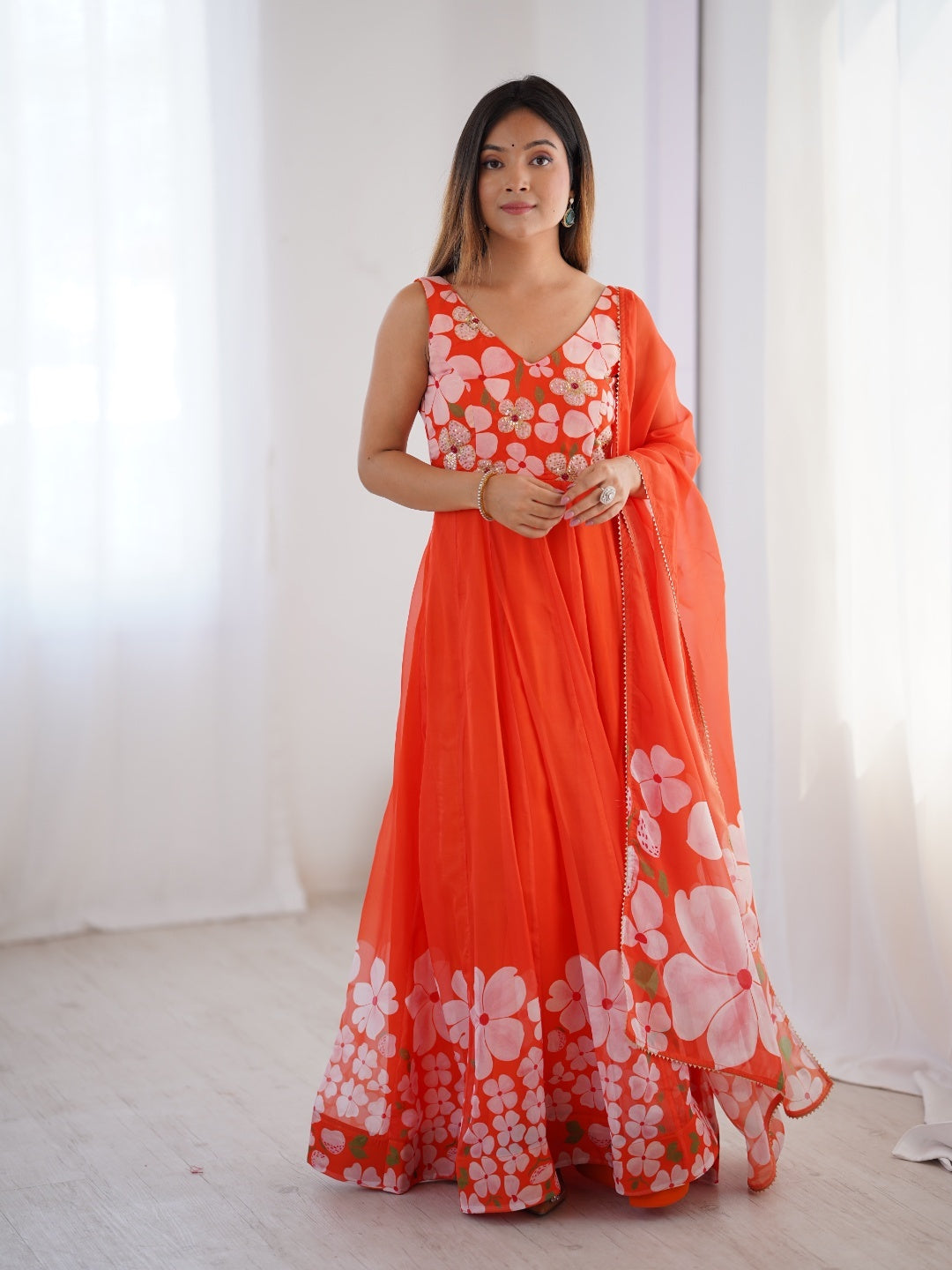 Coral Orange Floral Printed Lehenga Choli with Matching Dupatta