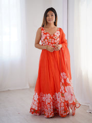 Coral Orange Floral Printed Lehenga Choli with Matching Dupatta