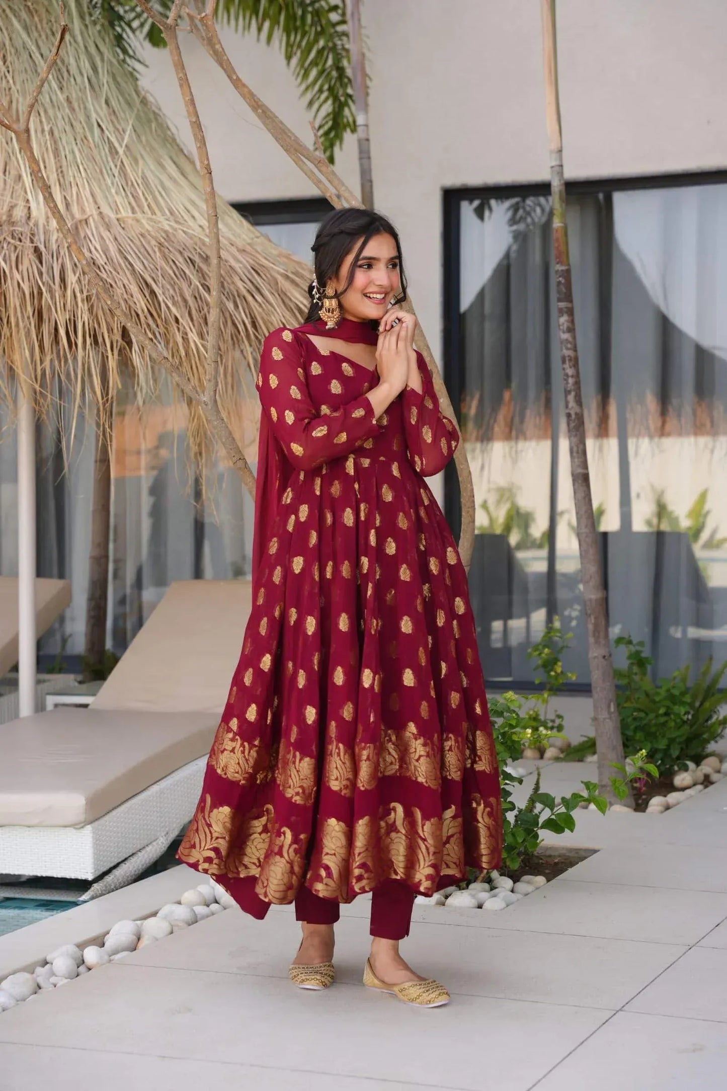 Classy Maroon Anarkali Suit with Golden Zari Work & Dupatta – Festive Ethnic Wear