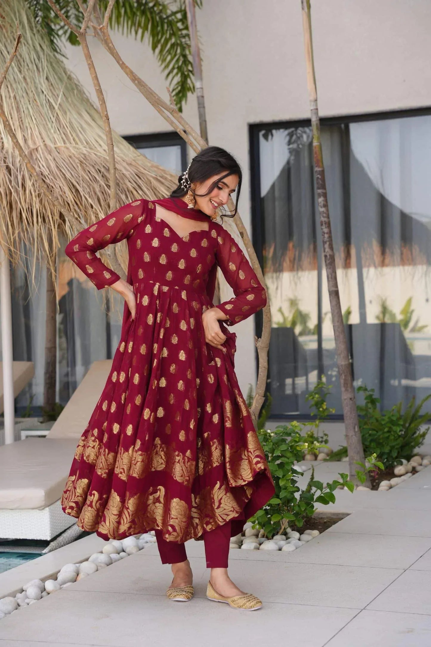 Classy Maroon Anarkali Suit with Golden Zari Work & Dupatta – Festive Ethnic Wear