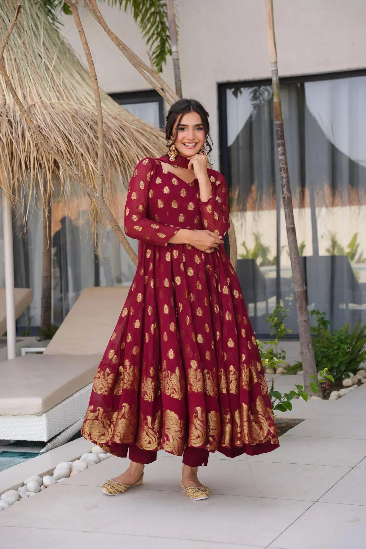Classy Maroon Anarkali Suit with Golden Zari Work & Dupatta – Festive Ethnic Wear