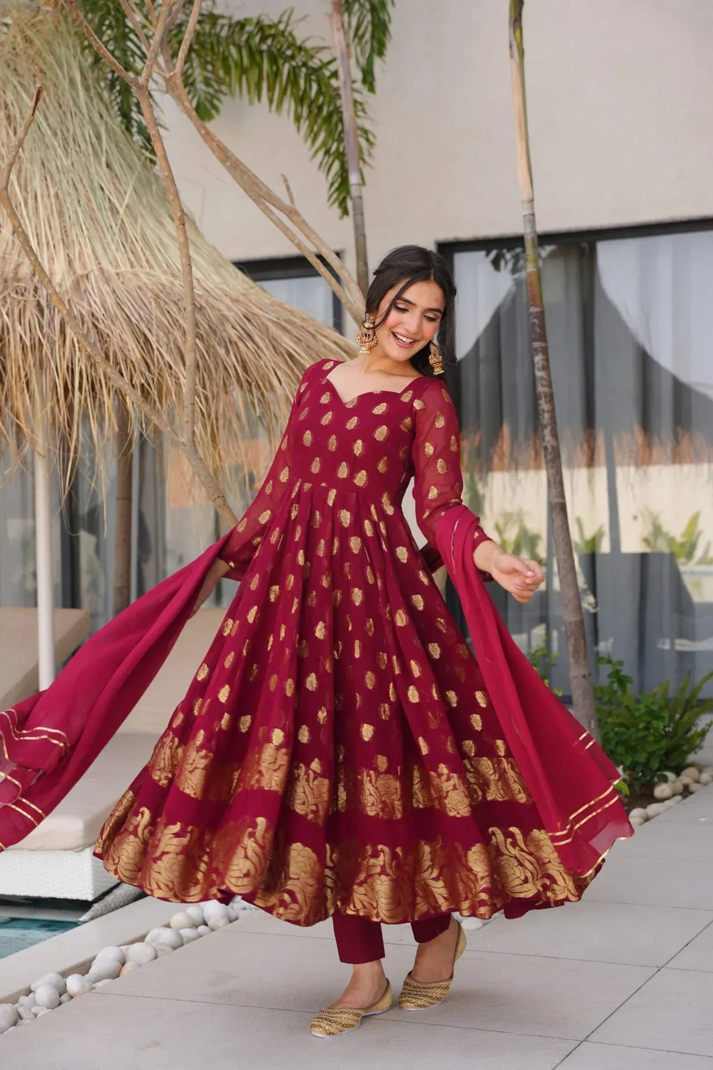 Classy Maroon Anarkali Suit with Golden Zari Work & Dupatta – Festive Ethnic Wear