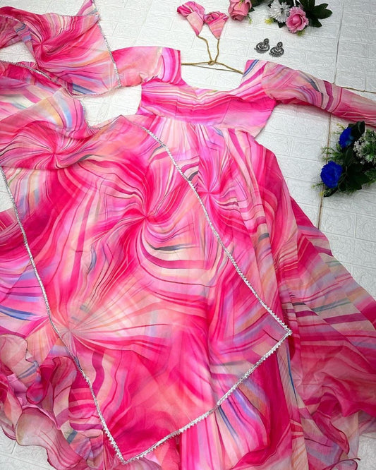 Fetching Pink Organza Silk Digital Printed Fully Stitched Gown With Dupatta - Ethnicwish