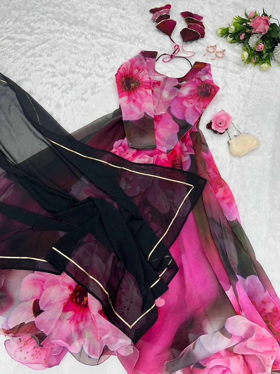 Radiant Pink Organza Silk Digital Printed Fully Stitched Gown With Dupatta - Ethnicwish