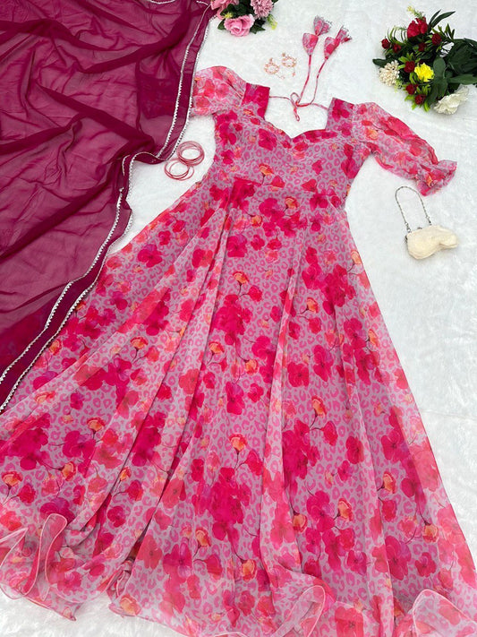 Captivating Pink Georgette Fully Stitched Plain Gown With Floral Dupatta - Ethnicwish