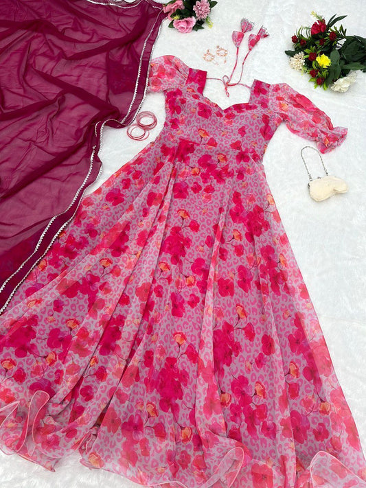 Captivating Pink Georgette Fully Stitched Plain Gown With Floral Dupatta - Ethnicwish