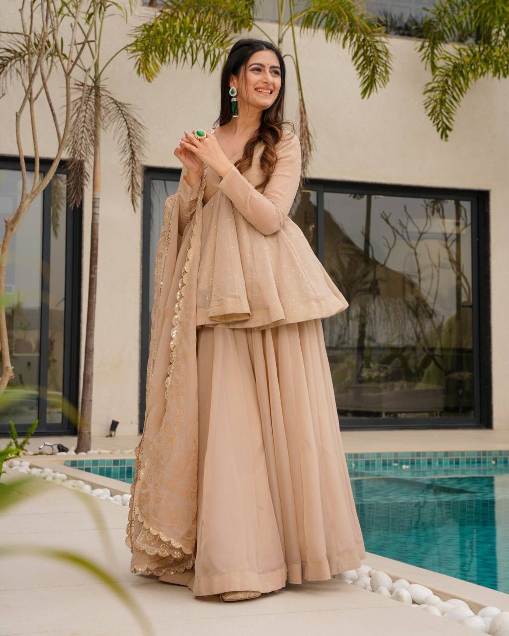 Classy Beige tabby organza mukaish work top palazzo and dupatta